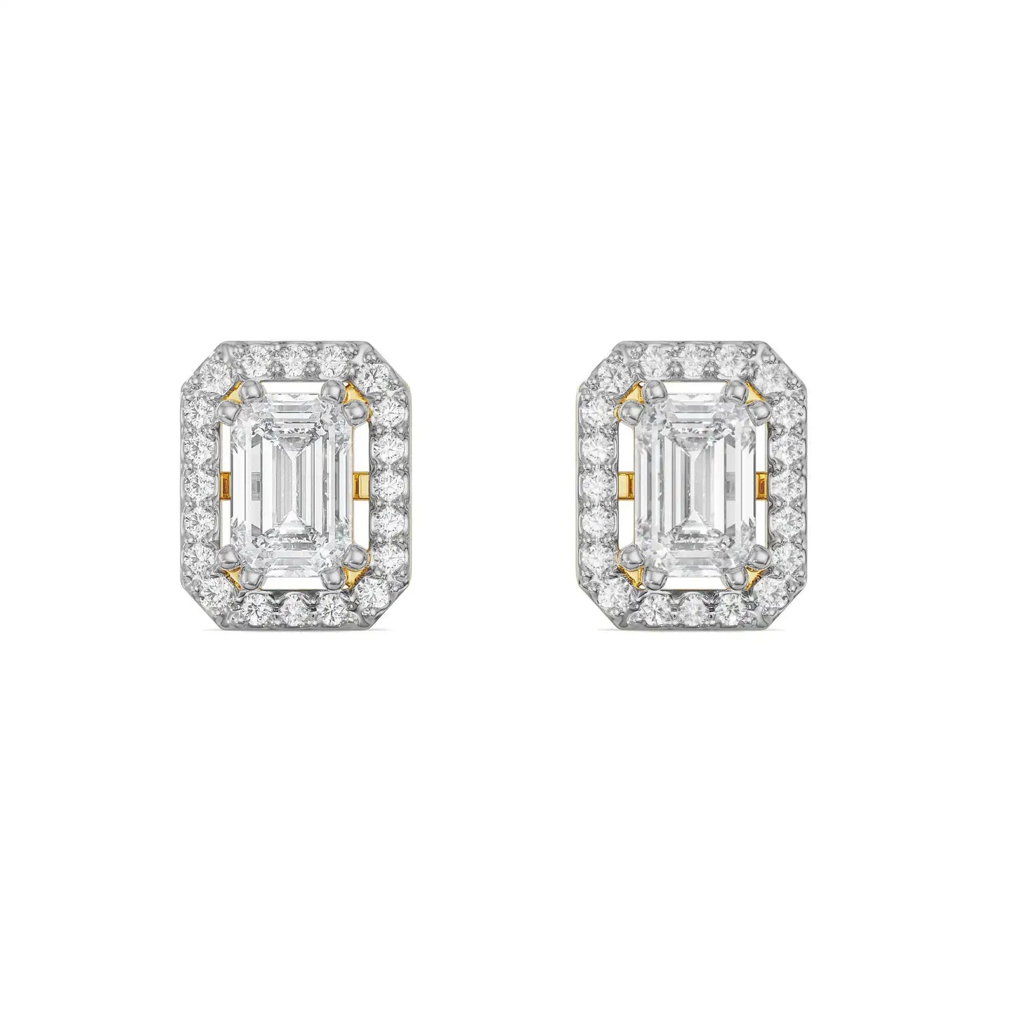 Shimmering Halo Emerald Cut Diamond Stud Earrings
