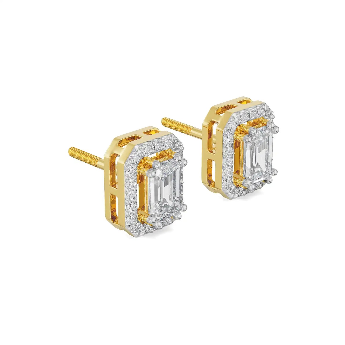 Shimmering Halo Emerald Cut Diamond Stud Earrings