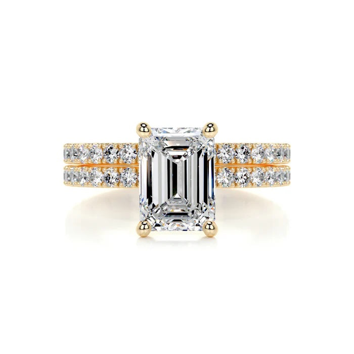 2 CT Solitaire Emerald Cut Diamond Accent Ring with Matching Band