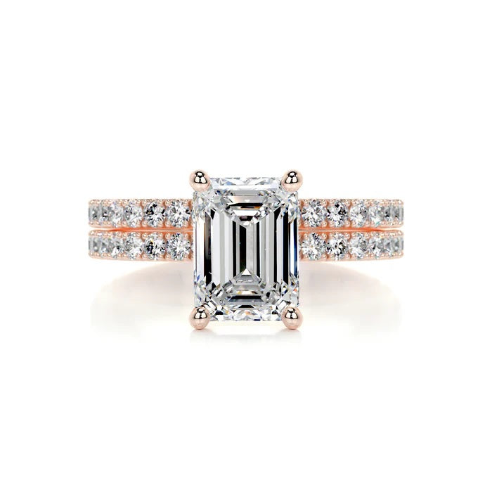 2 CT Solitaire Emerald Cut Diamond Accent Ring with Matching Band
