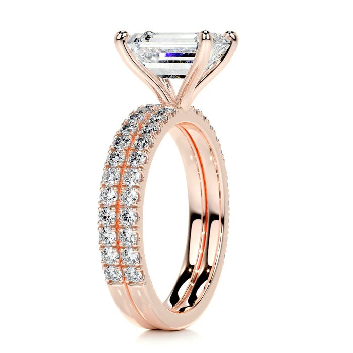 2 CT Solitaire Emerald Cut Diamond Accent Ring with Matching Band
