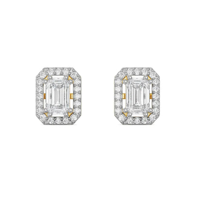 Shimmering Halo Emerald Cut Diamond Stud Earrings