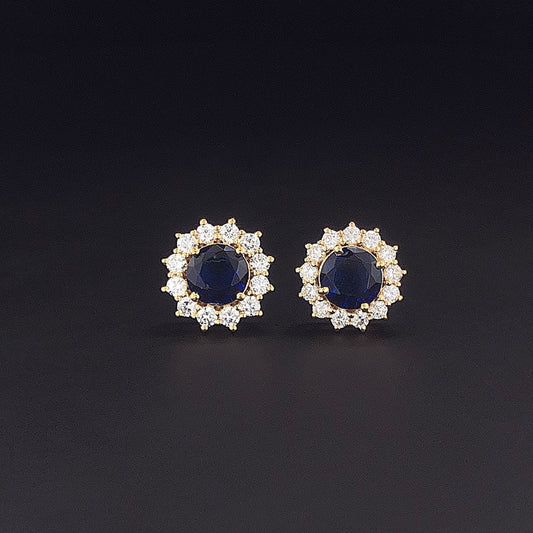 Noir Halo Blue Sapphire & Round Lab Grown Diamond Stud Earrings in Gold for Women