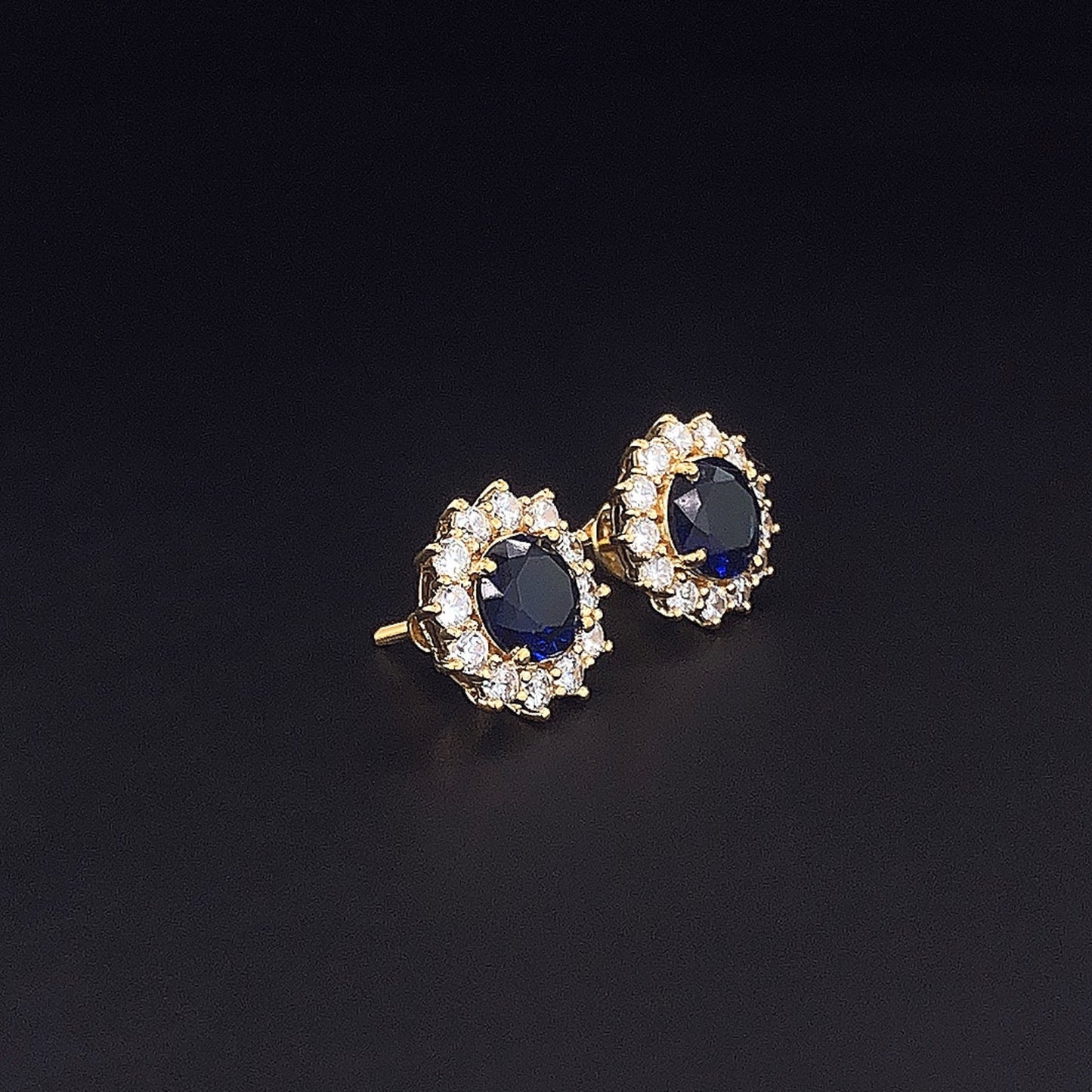 Noir Halo Blue Sapphire & Round Lab Grown Diamond Stud Earrings in Gold for Women