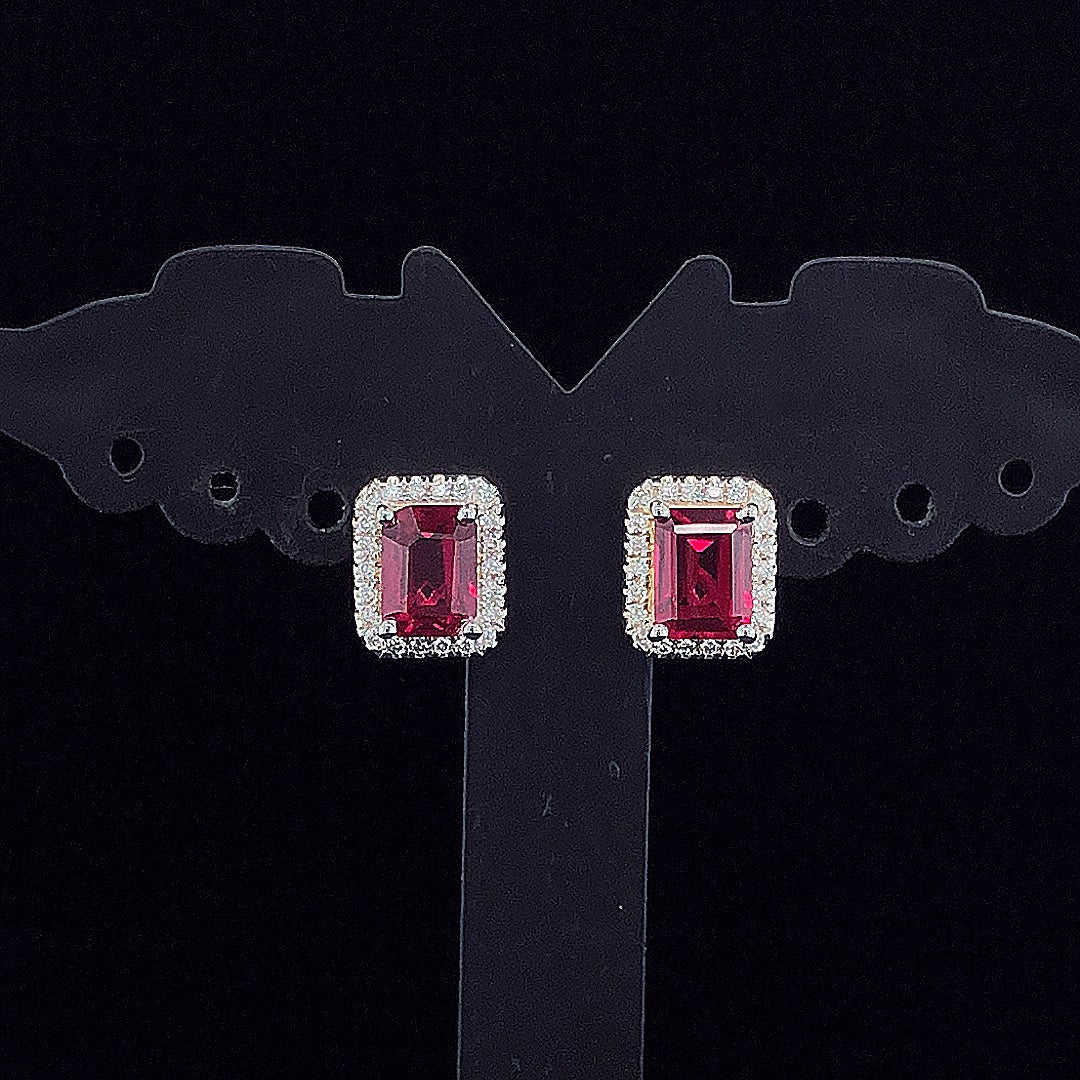 Emerald Cut Ruby Halo Diamond Earring