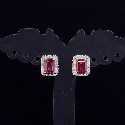 Emerald Cut Ruby Halo Diamond Earring