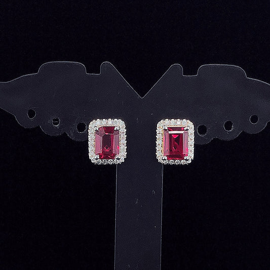 Emerald Cut Ruby Halo Diamond Earring