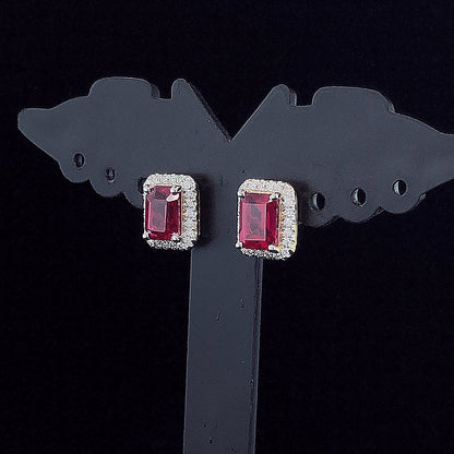Emerald Cut Ruby Halo Diamond Earring