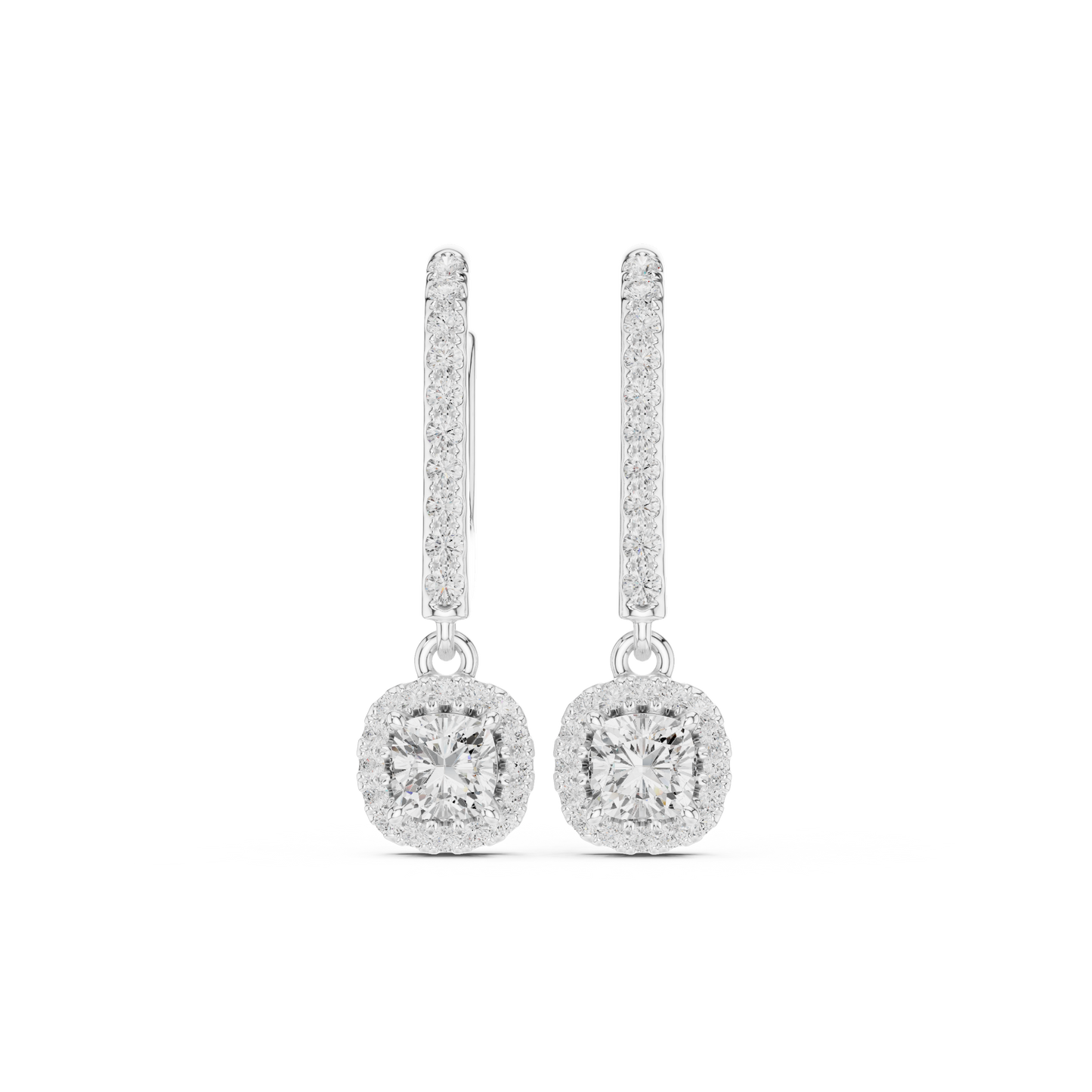 Crown Halo Cushion Cut Moissanite Drop Earrings in 925 Sterling Silver