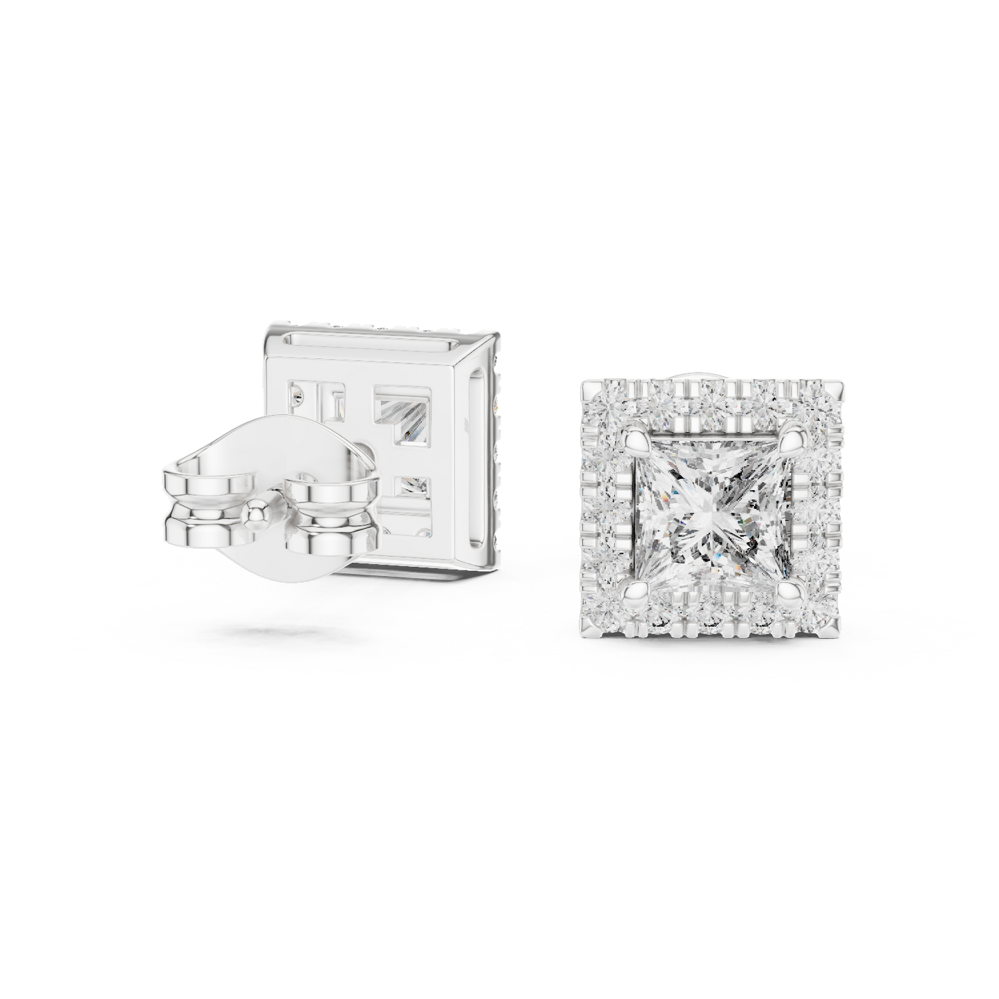 Royal Frame Princess Cut Moissanite Double Halo Stud Earrings in 925 Sterling Silver