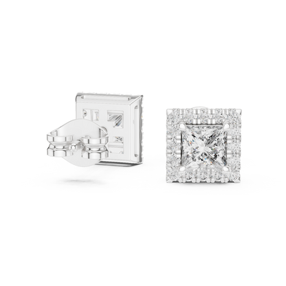 Royal Frame Princess Cut Moissanite Double Halo Stud Earrings in 925 Sterling Silver