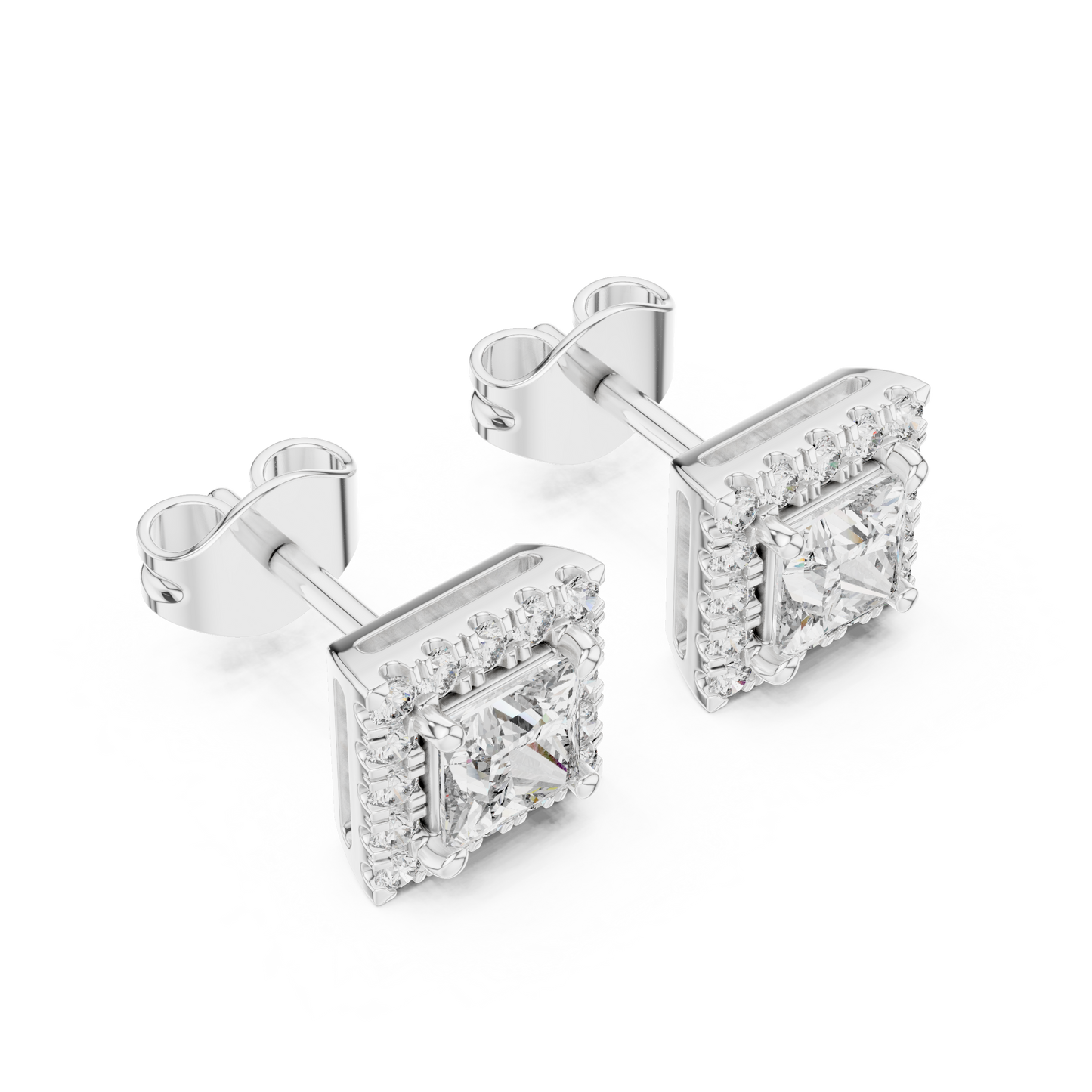 Royal Frame Princess Cut Moissanite Double Halo Stud Earrings in 925 Sterling Silver