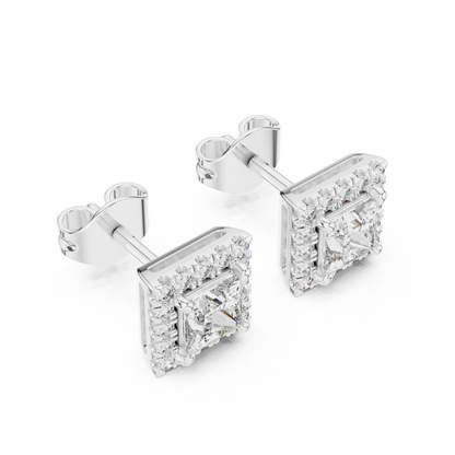 Royal Frame Princess Cut Moissanite Double Halo Stud Earrings in 925 Sterling Silver