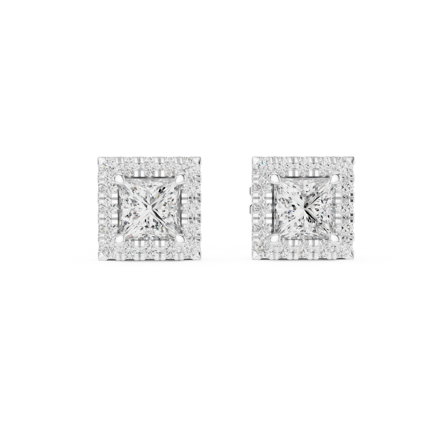 Royal Frame Princess Cut Moissanite Double Halo Stud Earrings in 925 Sterling Silver