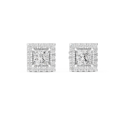 Royal Frame Princess Cut Moissanite Double Halo Stud Earrings in 925 Sterling Silver