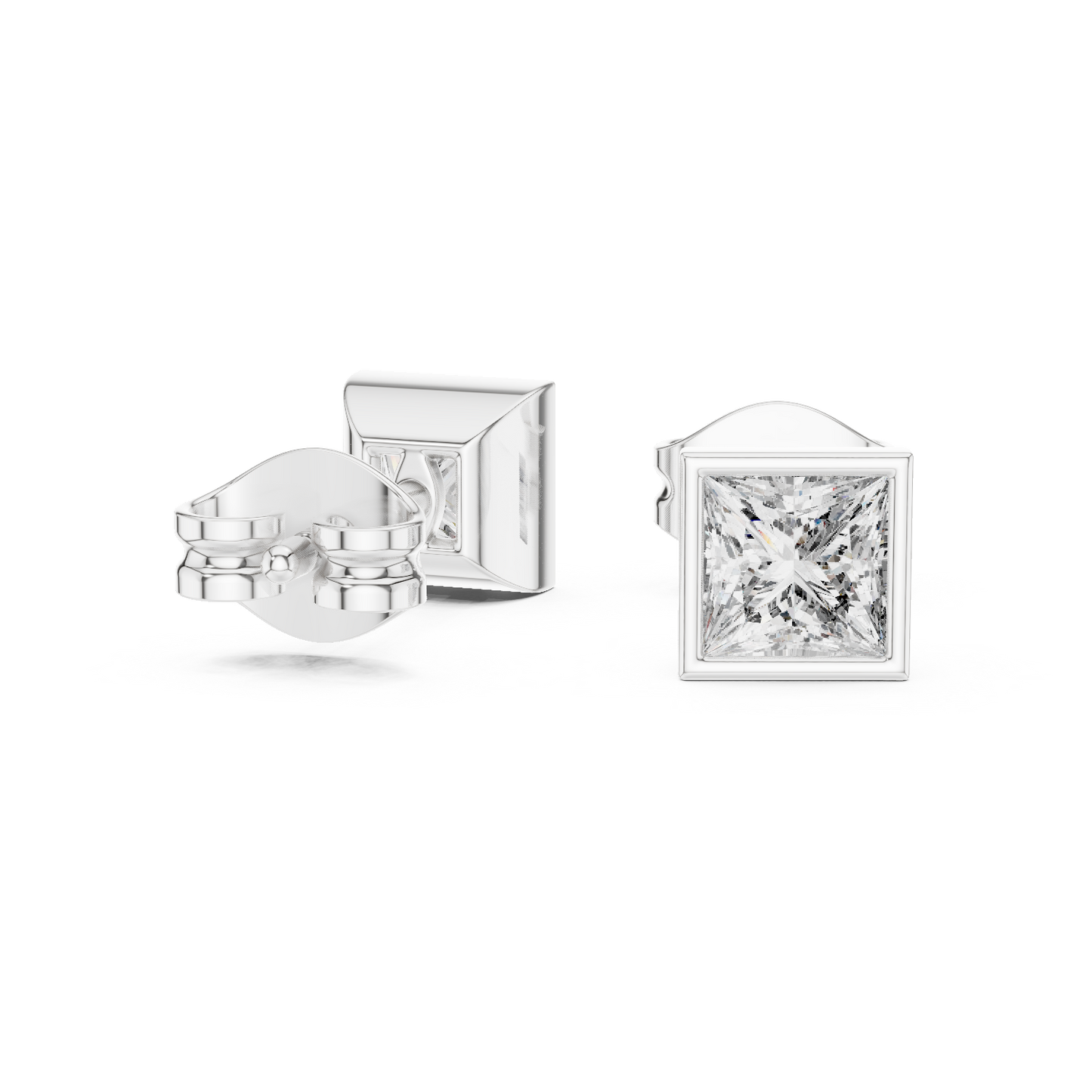 Modern Legacy Princess Cut Bezel Moissanite Stud Earrings in 925 Sterling Silver