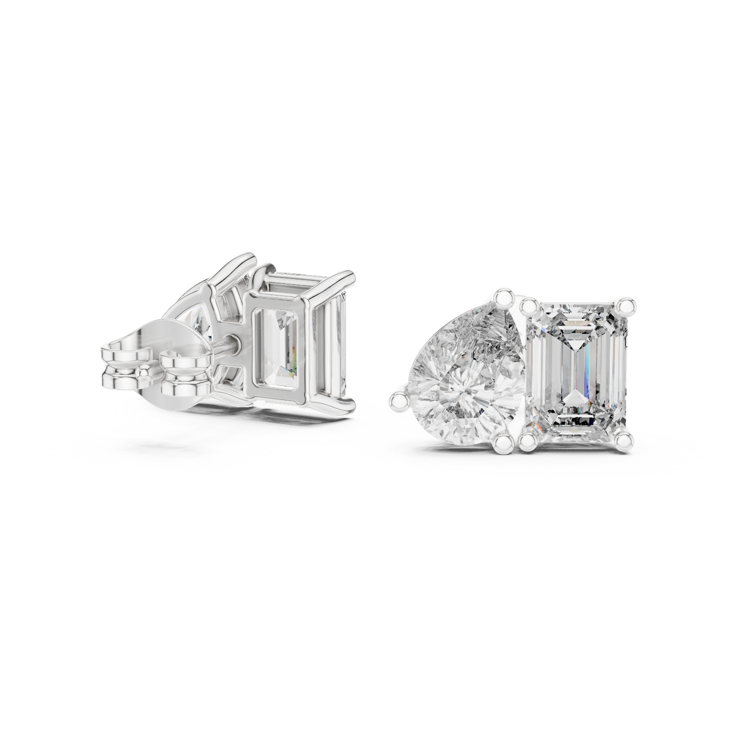 Twin Harmony Emerald & Pear Cut Moissanite Toi et Moi Stud Earrings in 925 Sterling Silver