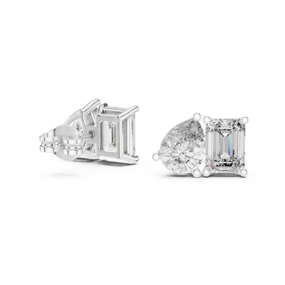 Twin Harmony Emerald & Pear Cut Moissanite Toi et Moi Stud Earrings in 925 Sterling Silver
