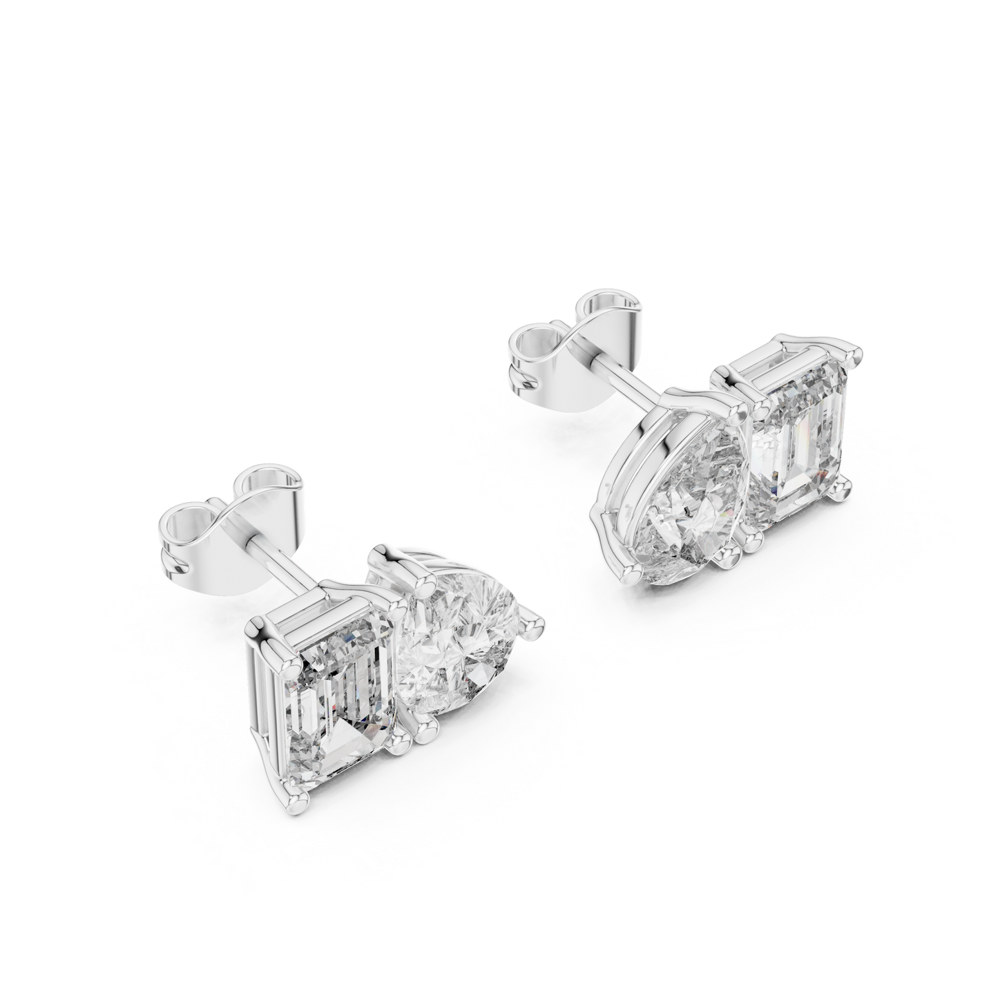 Twin Harmony Emerald & Pear Cut Moissanite Toi et Moi Stud Earrings in 925 Sterling Silver