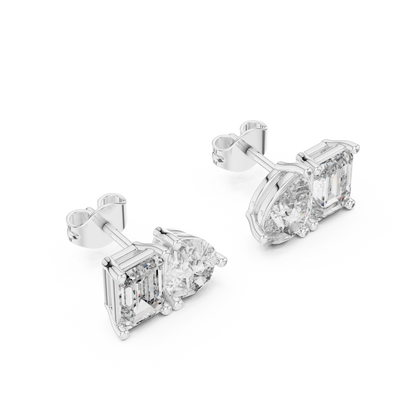Twin Harmony Emerald & Pear Cut Moissanite Toi et Moi Stud Earrings in 925 Sterling Silver