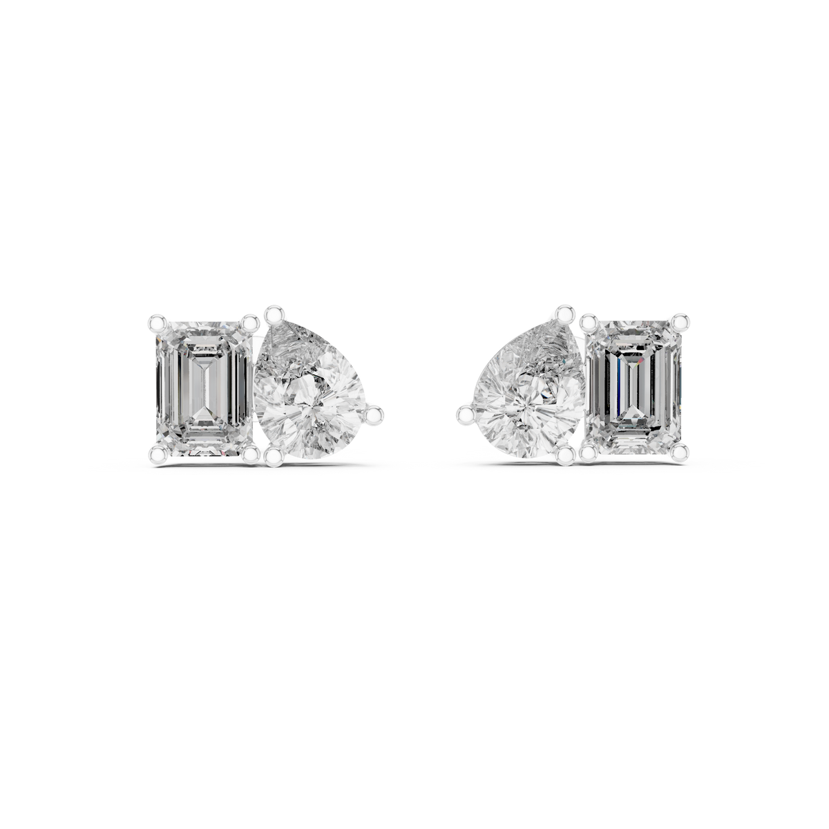 Twin Harmony Emerald & Pear Cut Moissanite Toi et Moi Stud Earrings in 925 Sterling Silver