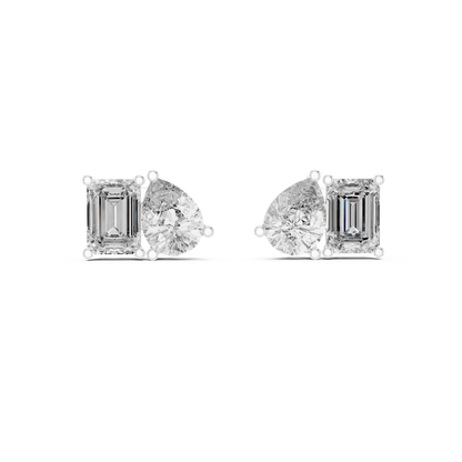 Twin Harmony Emerald & Pear Cut Moissanite Toi et Moi Stud Earrings in 925 Sterling Silver