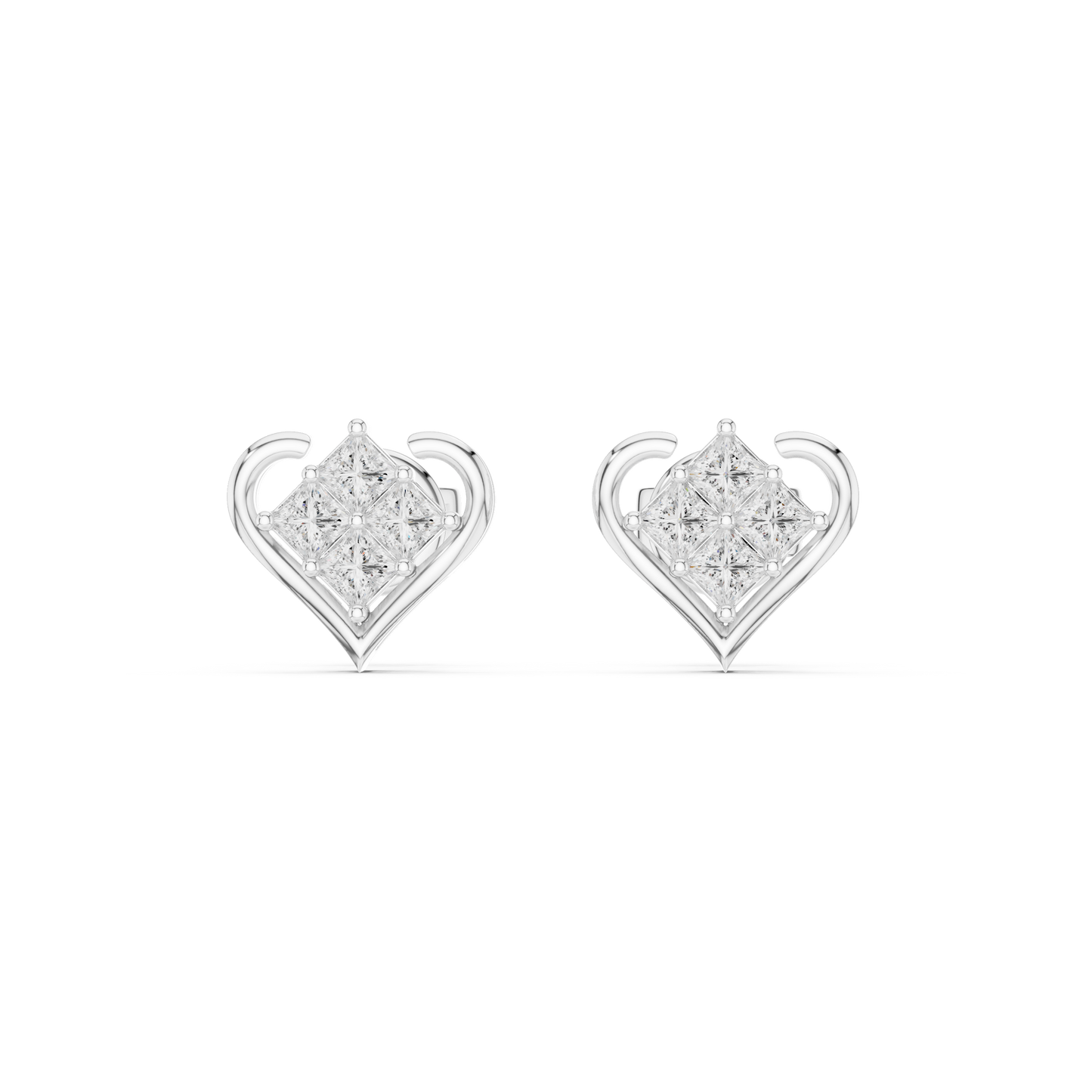 Heart of Love Princess Cut Moissanite Heart Stud Earrings in 925 Sterling Silver