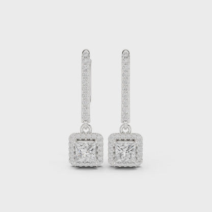 Luminara Halo Princess Moissanite Drop Earrings in 925 Sterling Silver
