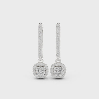 Crown Halo Cushion Cut Moissanite Drop Earrings in 925 Sterling Silver