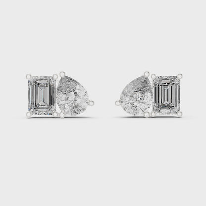 Twin Harmony Emerald & Pear Cut Moissanite Toi et Moi Stud Earrings in 925 Sterling Silver