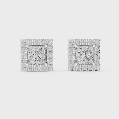 Royal Frame Princess Cut Moissanite Double Halo Stud Earrings in 925 Sterling Silver