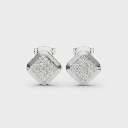 Diamond Grid Pave Moissanite Square Stud Earrings in 925 Sterling Silver