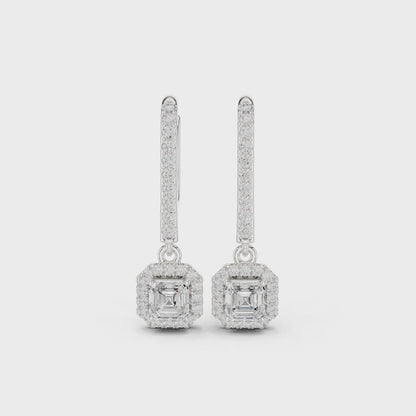 Royal Halo Asscher Moissanite Drop Earrings in 925 Sterling Silver